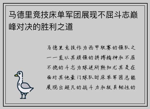 马德里竞技床单军团展现不屈斗志巅峰对决的胜利之道 马德里竞技床单军团展现不屈斗志巅峰对决的胜利之道