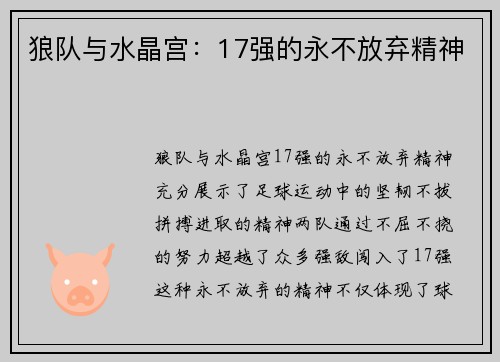 狼队与水晶宫:17强的永不放弃精神 狼队与水晶宫:17强的永不放弃精神